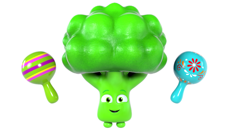 A smiling broccoli character holding two colorful rattles