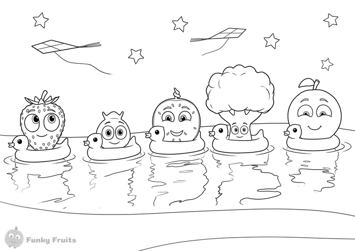 Funky Fruits lake friends coloring page