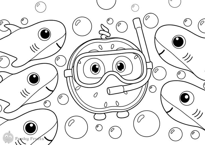 Snorkeling friend with sharks coloring page